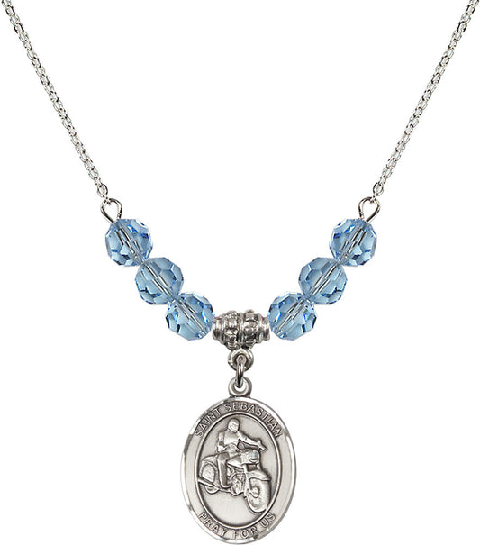 Sterling Silver Saint Sebastian / Motorcycle Birthstone Necklace with Aqua Beads - 8197