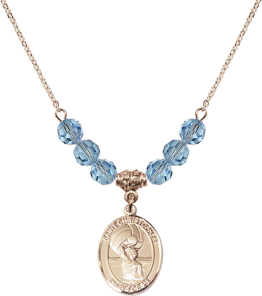14kt Gold Filled Saint Christopher/Water Polo-Men Birthstone Necklace with Aqua Beads - 8198