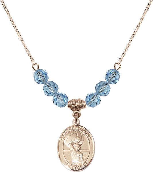 14kt Gold Filled Saint Christopher/Water Polo-Men Birthstone Necklace with Aqua Beads - 8198