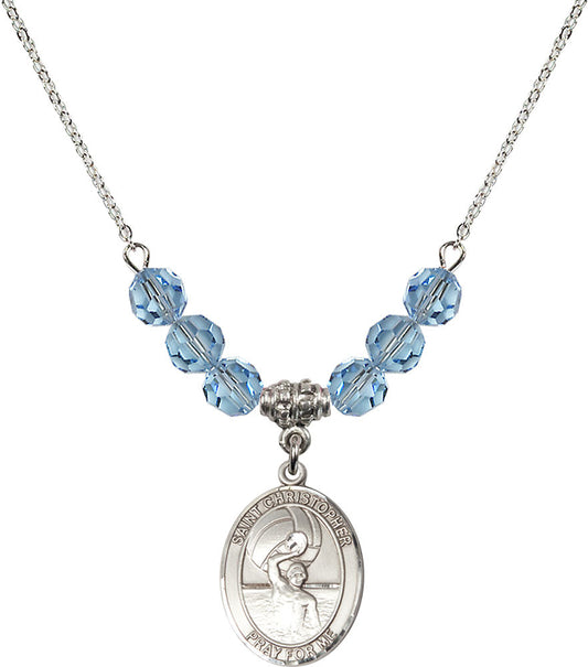 Sterling Silver Saint Christopher/Water Polo-Men Birthstone Necklace with Aqua Beads - 8198