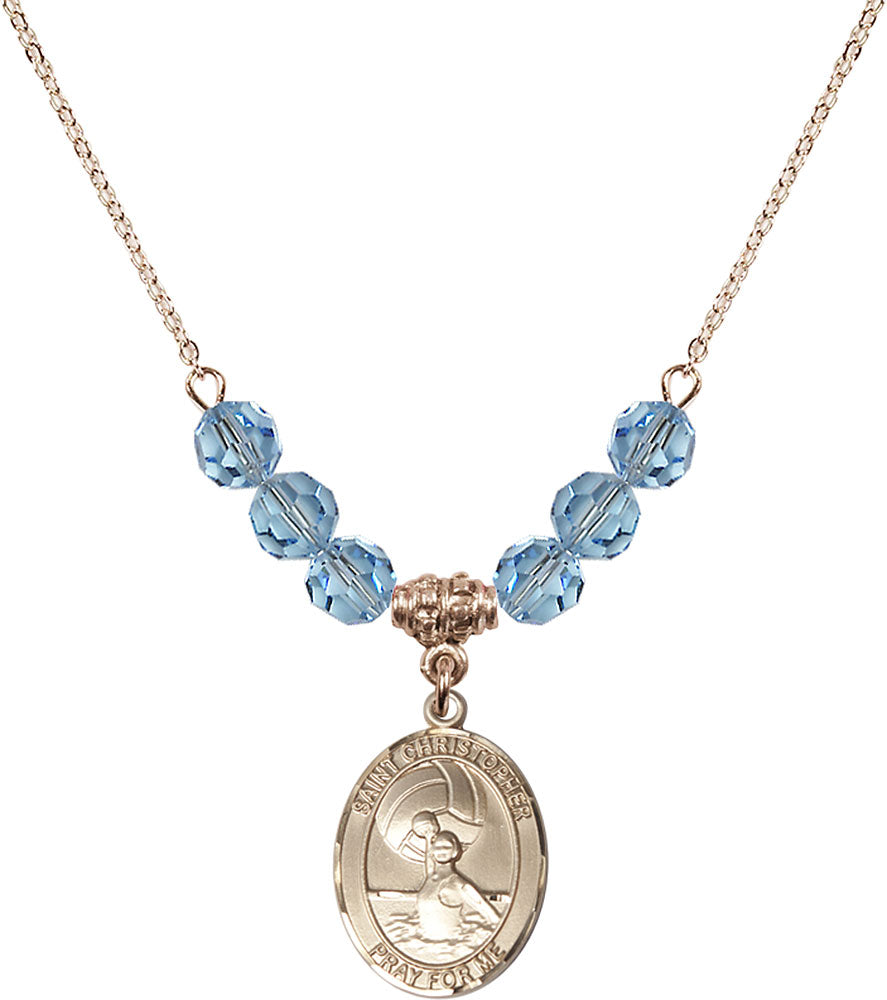 14kt Gold Filled Saint Christopher/Water Polo-Women Birthstone Necklace with Aqua Beads - 8199