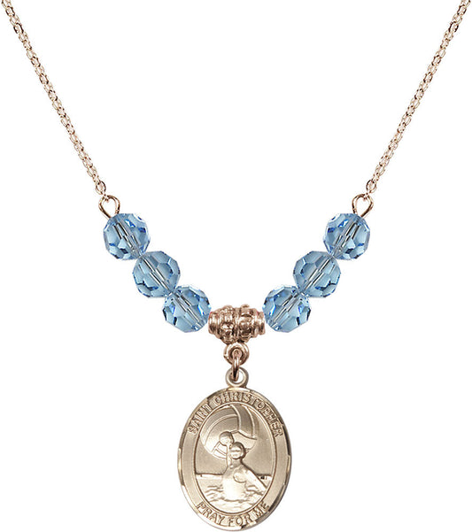14kt Gold Filled Saint Christopher/Water Polo-Women Birthstone Necklace with Aqua Beads - 8199