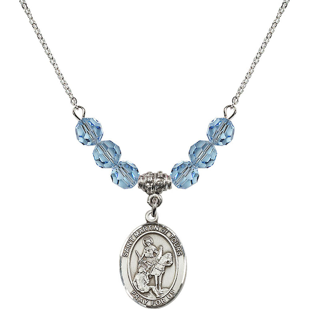 Sterling Silver Saint Martin of Tours Birthstone Necklace with Aqua Beads - 8200
