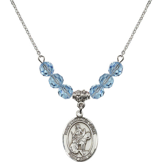 Sterling Silver Saint Martin of Tours Birthstone Necklace with Aqua Beads - 8200