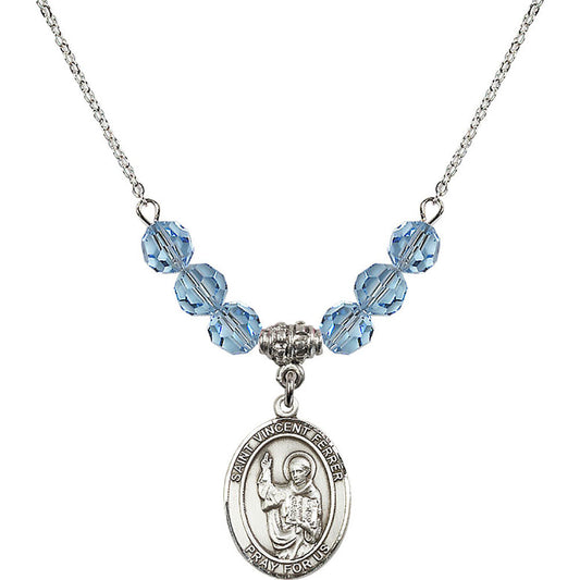 Sterling Silver Saint Vincent Ferrer Birthstone Necklace with Aqua Beads - 8201