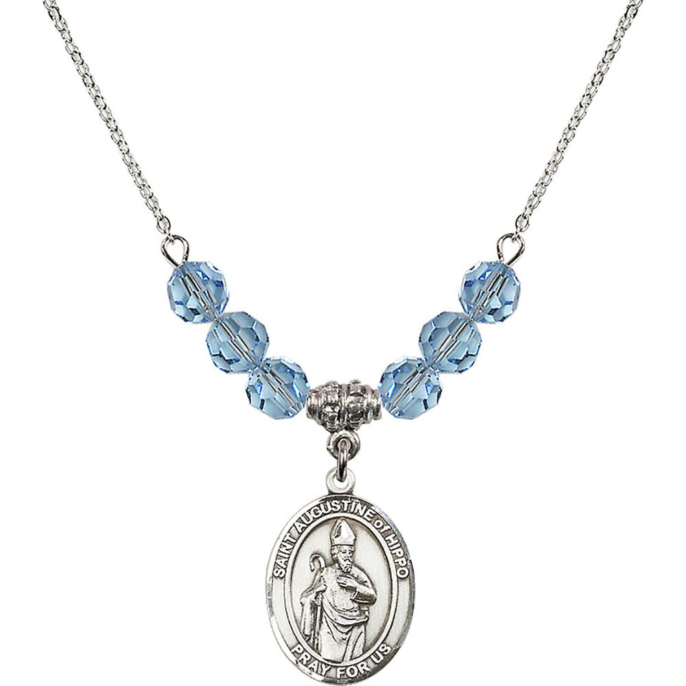 Sterling Silver Saint Augustine of Hippo Birthstone Necklace with Aqua Beads - 8202