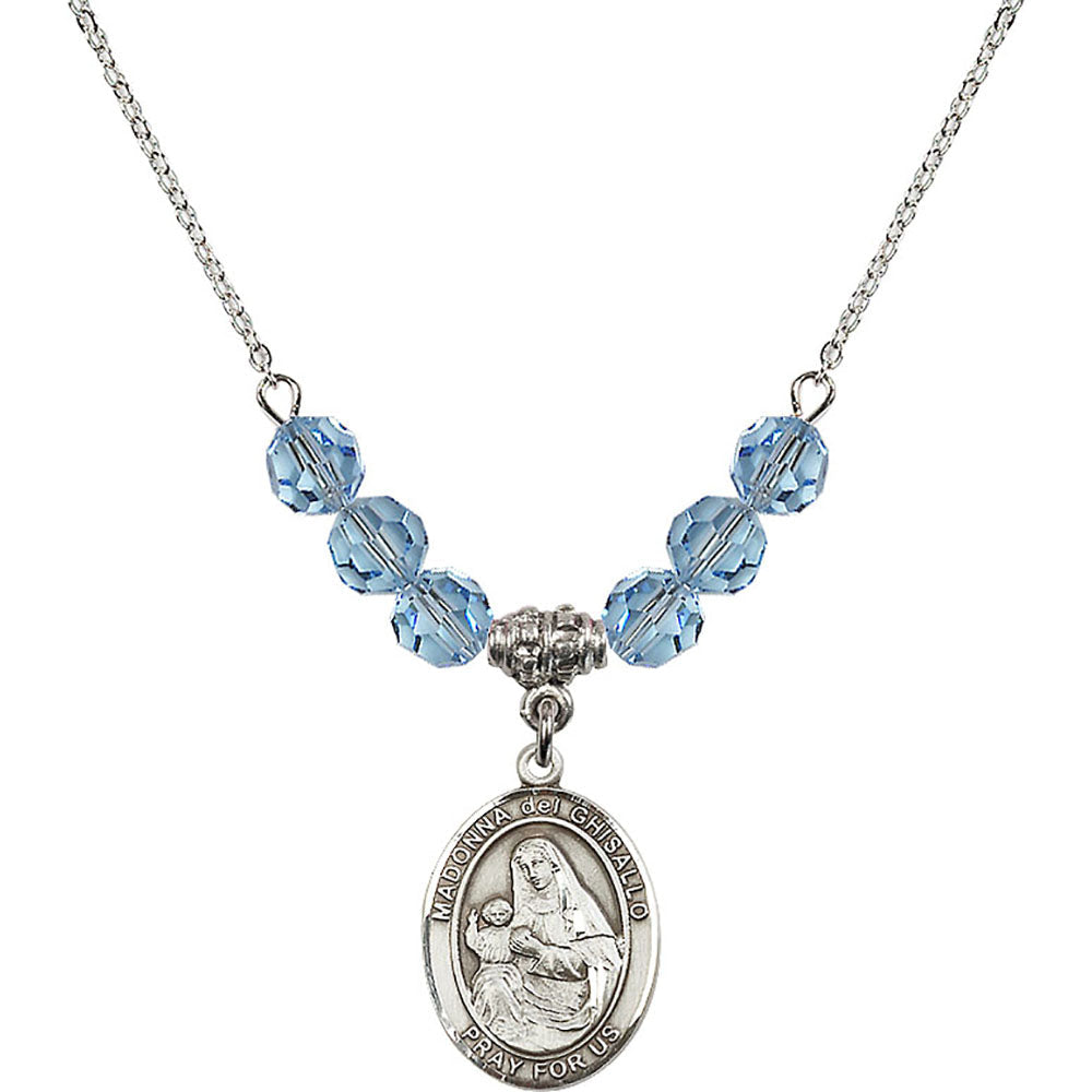 Sterling Silver Madonna del Ghisallo Birthstone Necklace with Aqua Beads - 8203