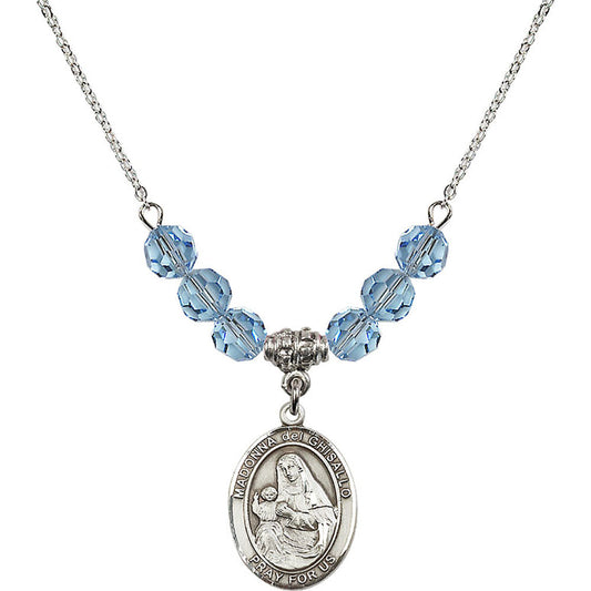 Sterling Silver Madonna del Ghisallo Birthstone Necklace with Aqua Beads - 8203