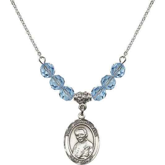 Sterling Silver Saint John Neumann Birthstone Necklace with Aqua Beads - 8204