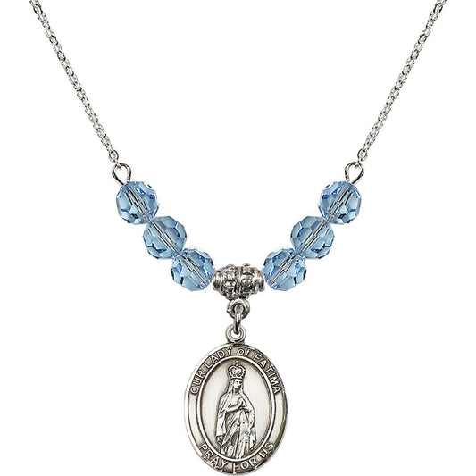 Sterling Silver Our Lady of Fatima Birthstone Necklace with Aqua Beads - 8205