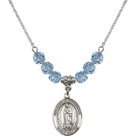 Sterling Silver Our Lady of Guadalupe Birthstone Necklace with Aqua Beads - 8206