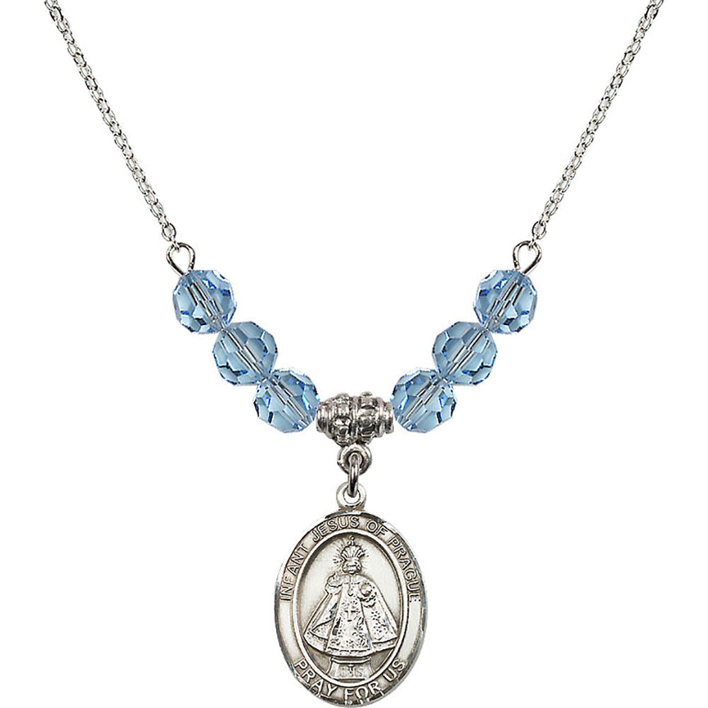 Sterling Silver Infant of Prague Birthstone Necklace with Aqua Beads - 8207