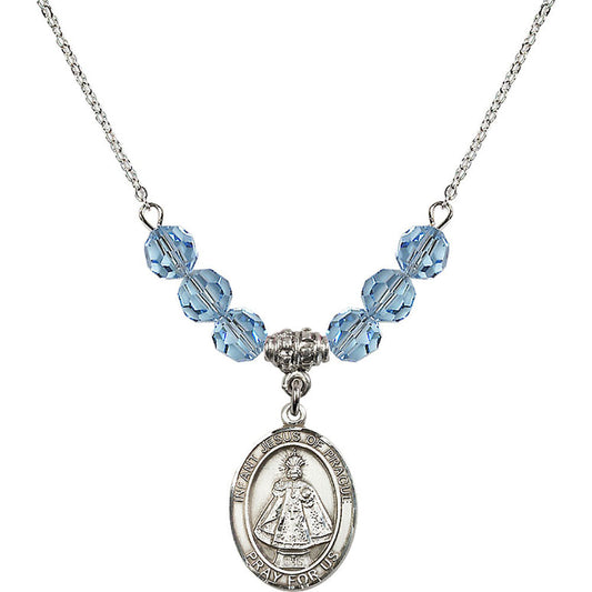 Sterling Silver Infant of Prague Birthstone Necklace with Aqua Beads - 8207