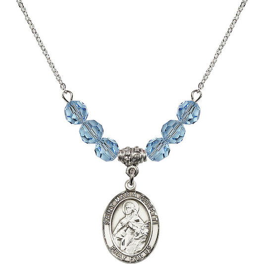 Sterling Silver Saint Maria Goretti Birthstone Necklace with Aqua Beads - 8208