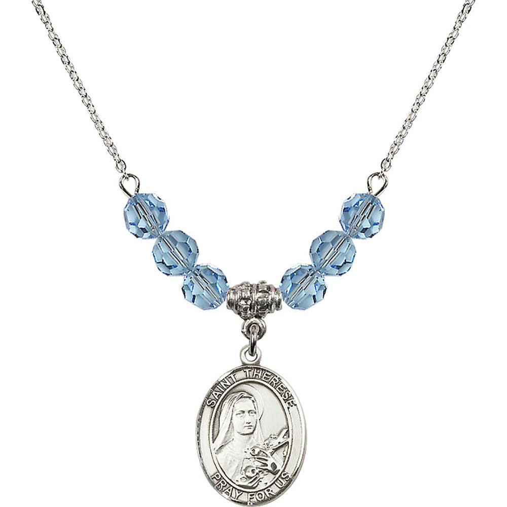 Sterling Silver Saint Therese of Lisieux Birthstone Necklace with Aqua Beads - 8210