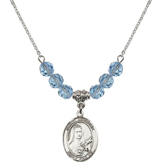 Sterling Silver Saint Therese of Lisieux Birthstone Necklace with Aqua Beads - 8210