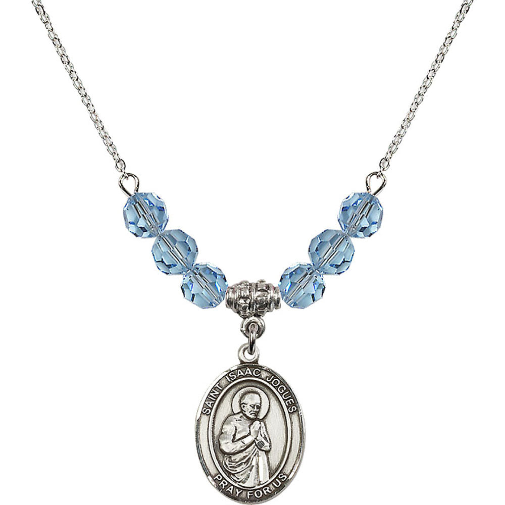 Sterling Silver Saint Isaac Jogues Birthstone Necklace with Aqua Beads - 8212