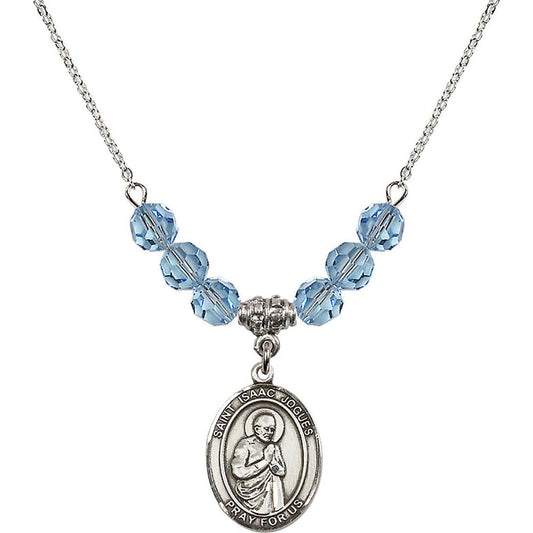Sterling Silver Saint Isaac Jogues Birthstone Necklace with Aqua Beads - 8212