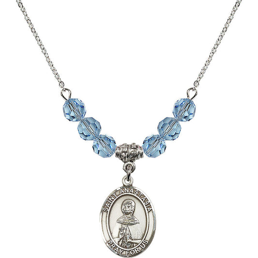 Sterling Silver Saint Anastasia Birthstone Necklace with Aqua Beads - 8213