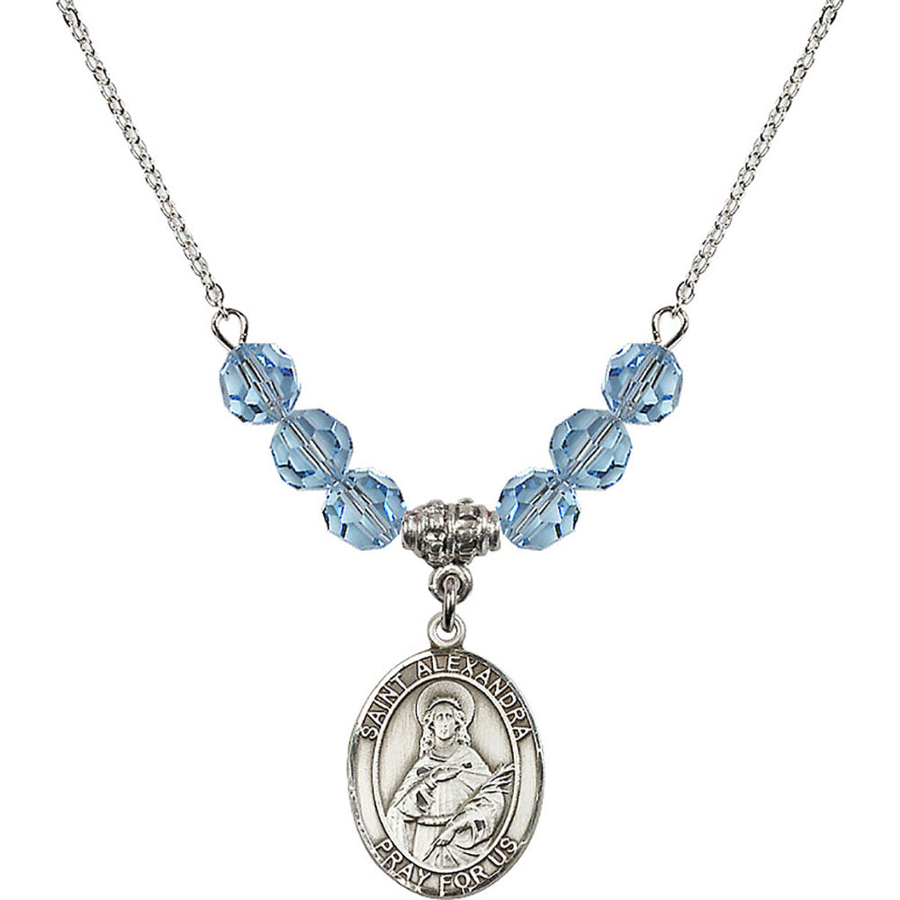 Sterling Silver Saint Alexandra Birthstone Necklace with Aqua Beads - 8215