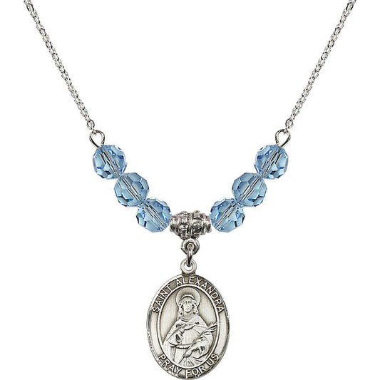 Sterling Silver Saint Alexandra Birthstone Necklace with Aqua Beads - 8215