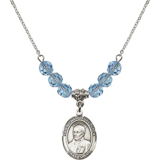 Sterling Silver Saint Ignatius of Loyola Birthstone Necklace with Aqua Beads - 8217