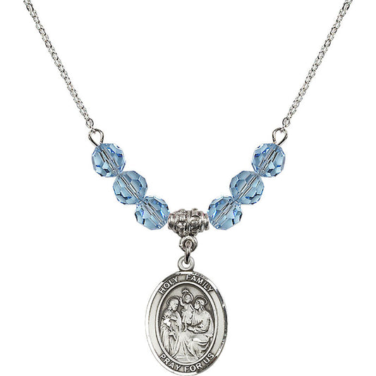 Sterling Silver Holy Family Birthstone Necklace with Aqua Beads - 8218