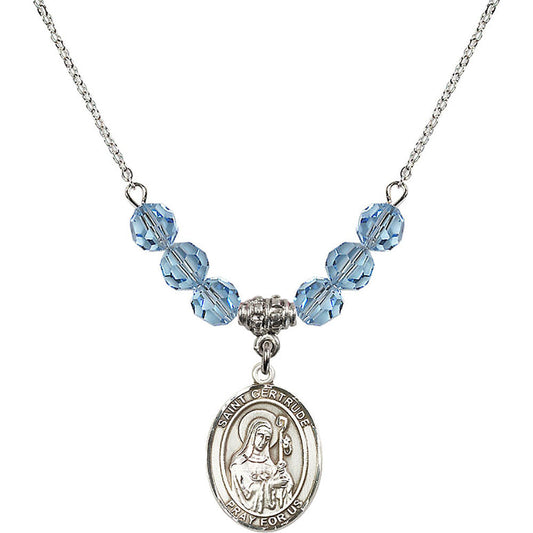 Sterling Silver Saint Gertrude of Nivelles Birthstone Necklace with Aqua Beads - 8219