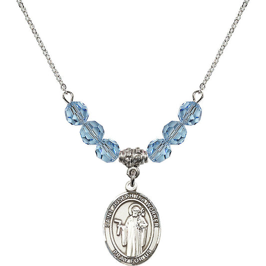 Sterling Silver Saint Joseph the Worker Birthstone Necklace with Aqua Beads - 8220