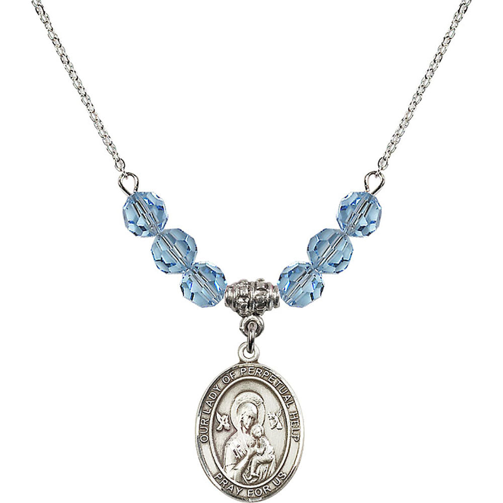 Sterling Silver Our Lady of Perpetual Help Birthstone Necklace with Aqua Beads - 8222