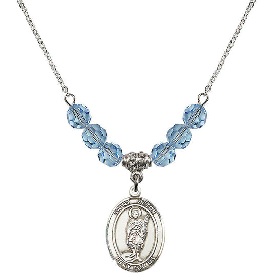 Sterling Silver Saint Victor of Marseilles Birthstone Necklace with Aqua Beads - 8223