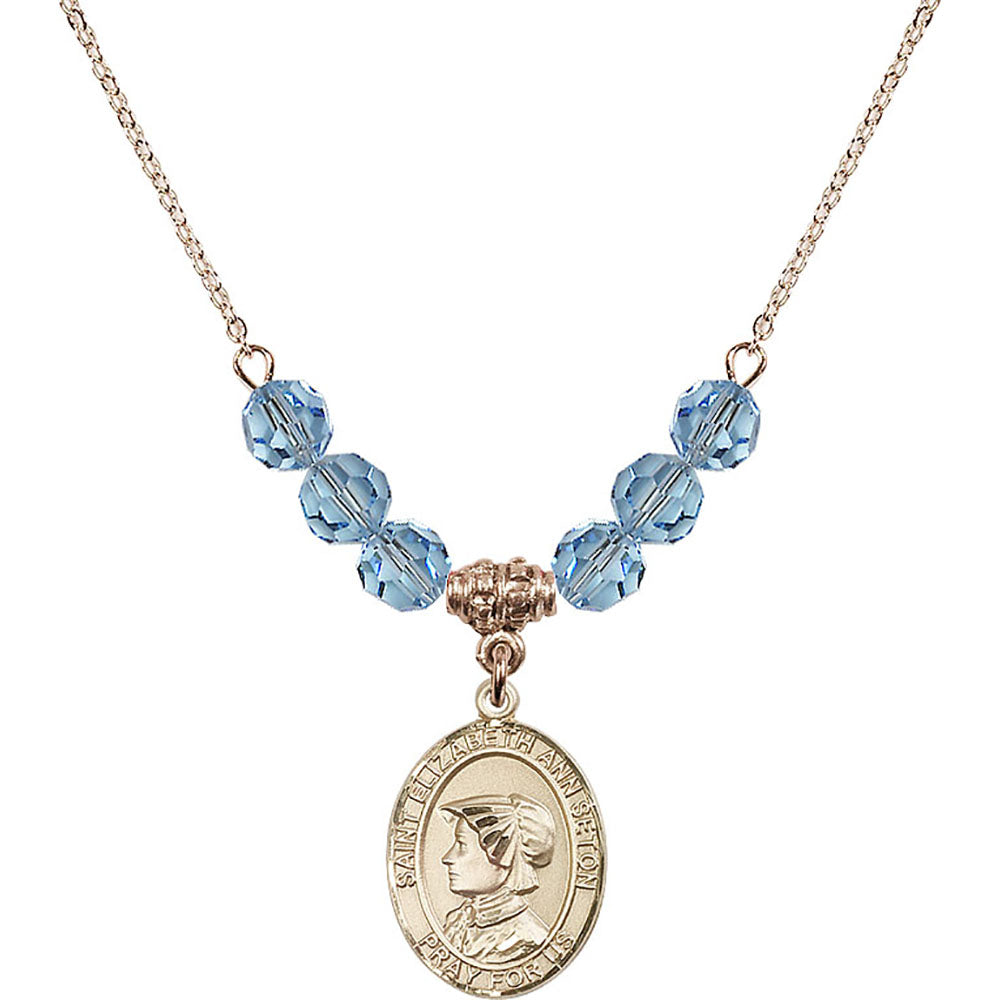 14kt Gold Filled Saint Elizabeth Ann Seton Birthstone Necklace with Aqua Beads - 8224