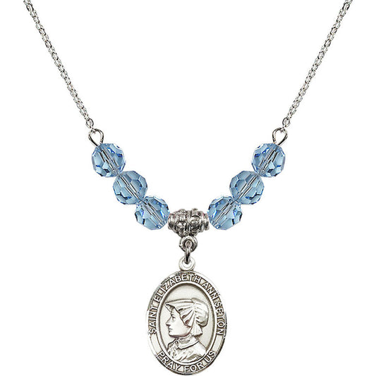 Sterling Silver Saint Elizabeth Ann Seton Birthstone Necklace with Aqua Beads - 8224