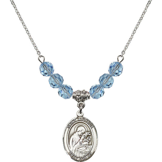 Sterling Silver Saint Aloysius Gonzaga Birthstone Necklace with Aqua Beads - 8225