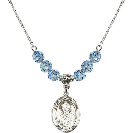Sterling Silver Saint Dominic Savio Birthstone Necklace with Aqua Beads - 8227