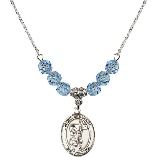Sterling Silver Saint Stephanie Birthstone Necklace with Aqua Beads - 8228