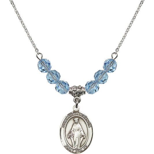 Sterling Silver Our Lady of Lebanon Birthstone Necklace with Aqua Beads - 8229