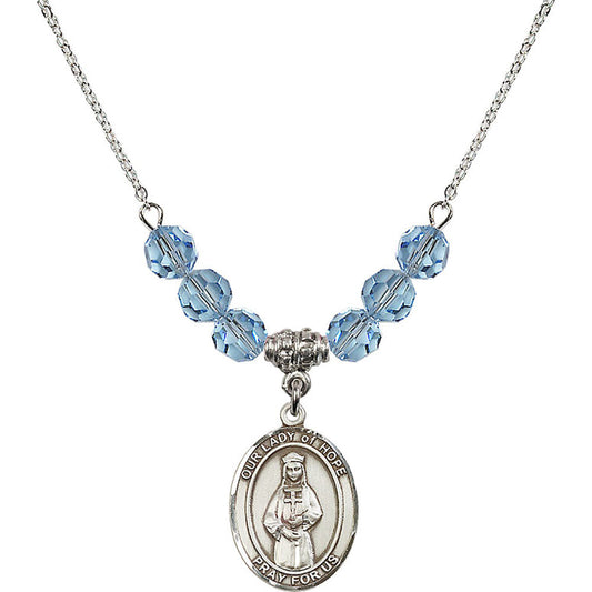 Sterling Silver Our Lady of Hope Birthstone Necklace with Aqua Beads - 8230