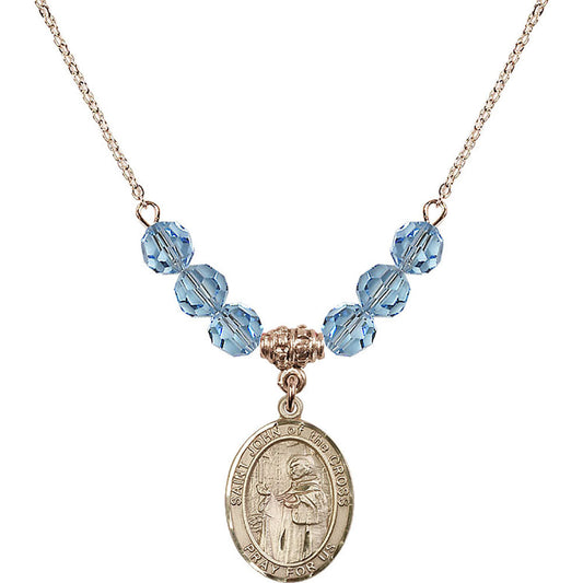14kt Gold Filled Saint John of the Cross Birthstone Necklace with Aqua Beads - 8231