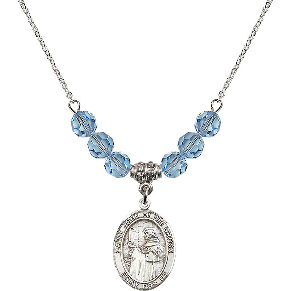 Sterling Silver Saint John of the Cross Birthstone Necklace with Aqua Beads - 8231