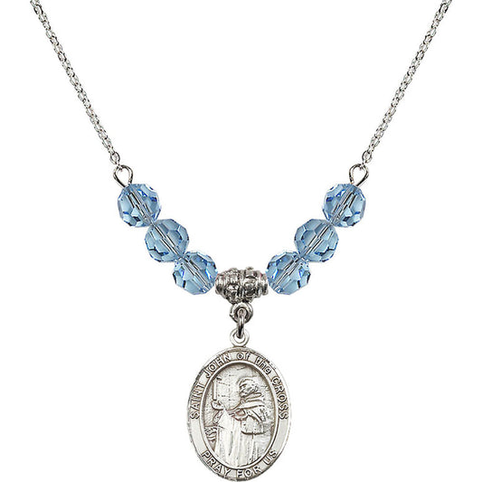 Sterling Silver Saint John of the Cross Birthstone Necklace with Aqua Beads - 8231