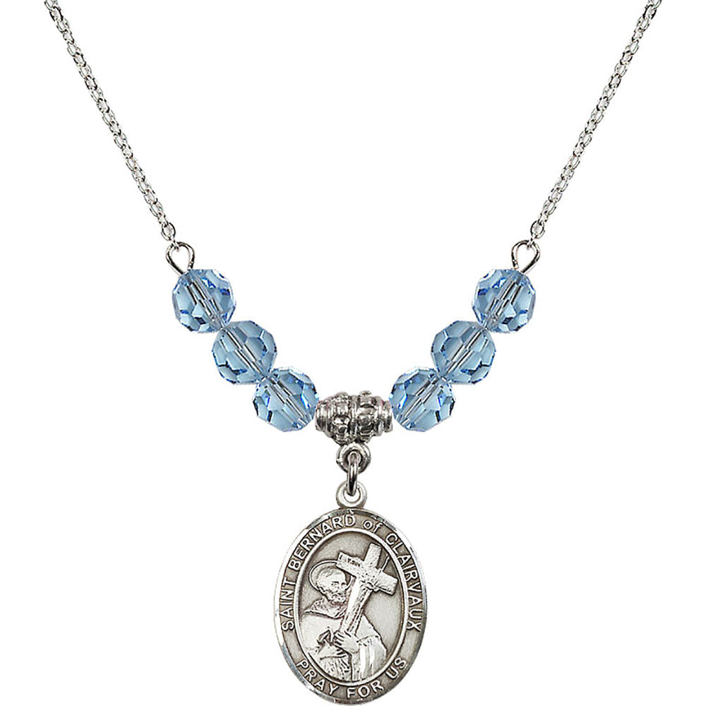 Sterling Silver Saint Bernard of Clairvaux Birthstone Necklace with Aqua Beads - 8233