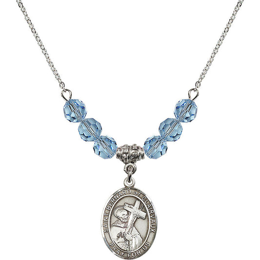 Sterling Silver Saint Bernard of Clairvaux Birthstone Necklace with Aqua Beads - 8233