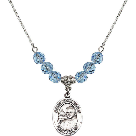 Sterling Silver Saint John Paul II Birthstone Necklace with Aqua Beads - 8234