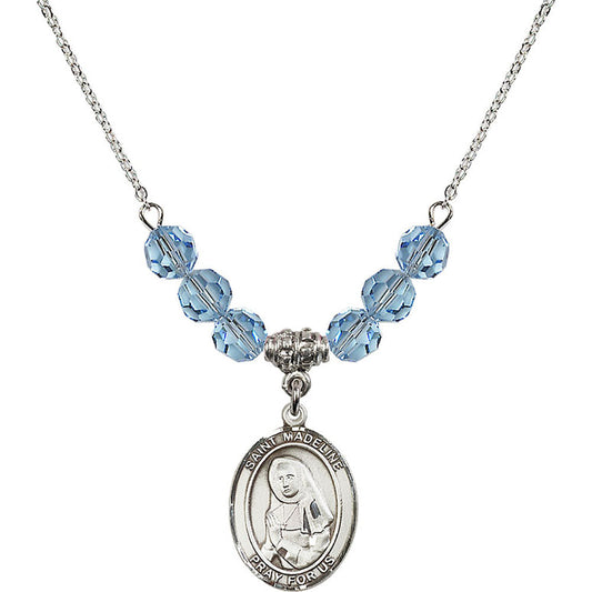 Sterling Silver Saint Madeline Sophie Barat Birthstone Necklace with Aqua Beads - 8236