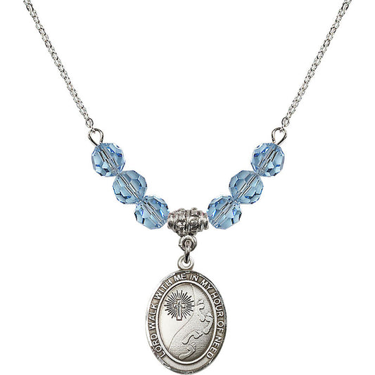 Sterling Silver Footprints / Cross Birthstone Necklace with Aqua Beads - 8237