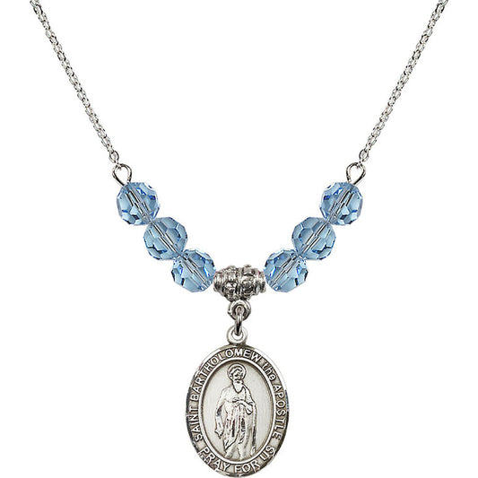 Sterling Silver Saint Bartholomew the Apostle Birthstone Necklace with Aqua Beads - 8238