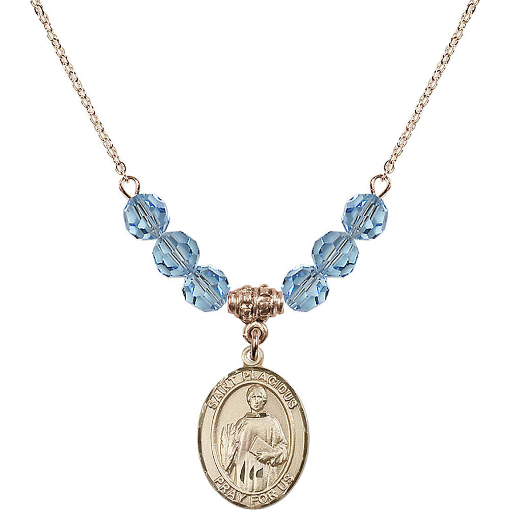 14kt Gold Filled Saint Placidus Birthstone Necklace with Aqua Beads - 8240