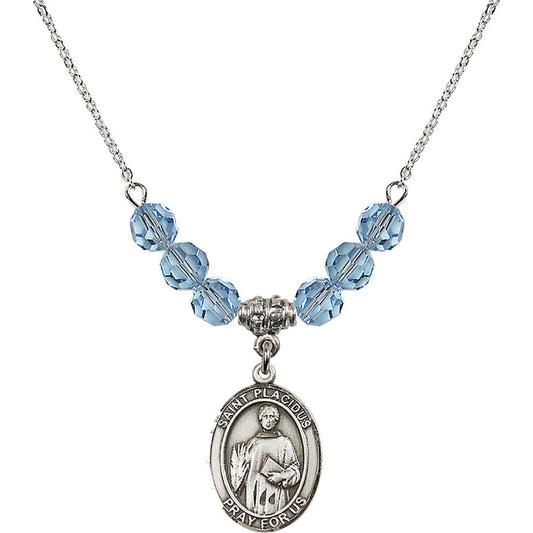 Sterling Silver Saint Placidus Birthstone Necklace with Aqua Beads - 8240