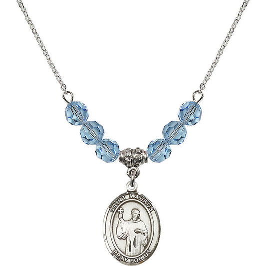 Sterling Silver Saint Maurus Birthstone Necklace with Aqua Beads - 8241